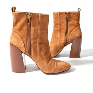 Vince Camuto Enverna Ankle Boots Caramel Tan Suede Leather Block Heel Sz 8.5